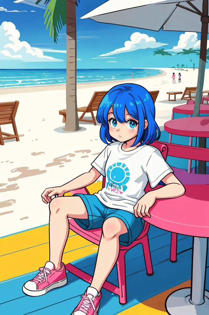 The image shows a girl with blue hair and blue eyes sitting on a chair on a beach. She is wearing a white shirt, blue shorts, and pink sneakers. The beach is sandy and there are palm trees and blue sea in the background. There are also some beach chairs and umbrellas on the beach. The girl is sitting in a pink chair and there is a table next to her. The girl is looking at the sea.