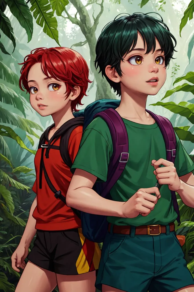 Two children, one with red hair and one with green hair, are standing in a lush green jungle. They are both wearing backpacks and looking around in wonder. The red-haired child is wearing a red shirt and the green-haired child is wearing a green shirt. They both have brown eyes.