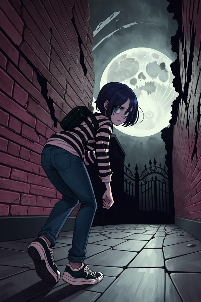 A girl with short blue hair and black striped shirt is walking down a dark alleyway. She is wearing a backpack and sneakers. The full moon is shining brightly in the sky. The girl looks scared. There is a skull-shaped hole in the brick wall to her right.