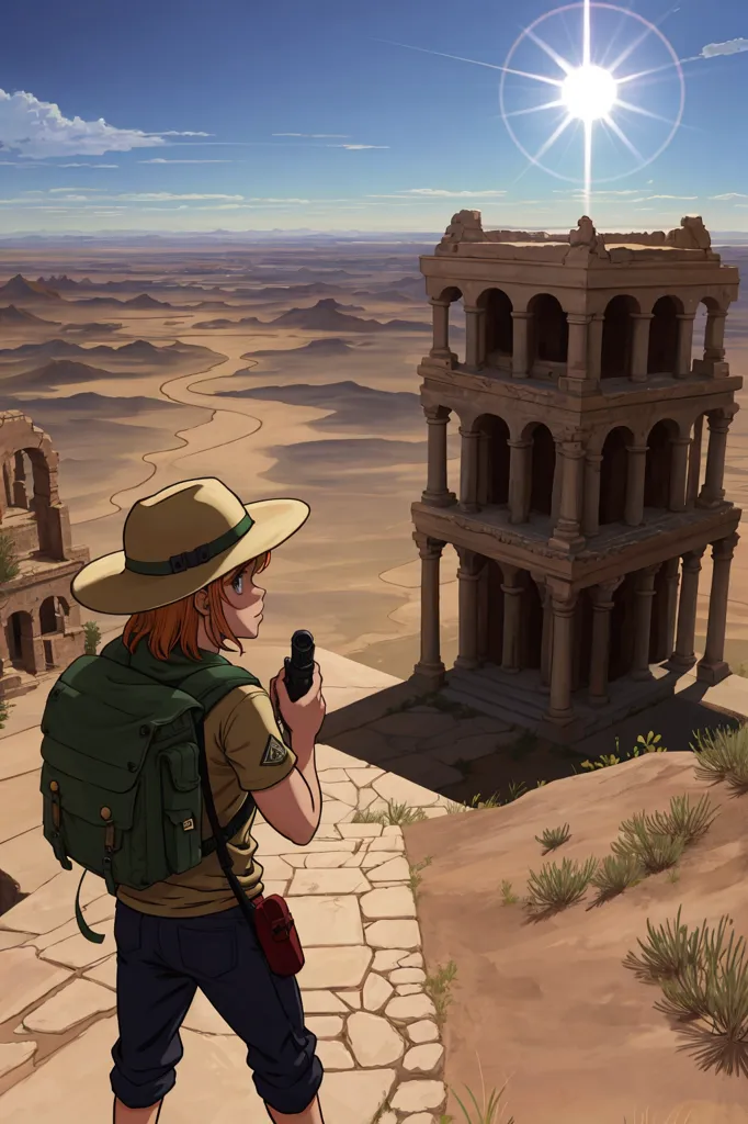 A young girl wearing a khaki pith helmet and a green backpack stands on a stone ledge in the desert. She is looking at a large, ruined temple in the distance. The temple is made of white stone and has large columns. The girl has a gun in her hand.