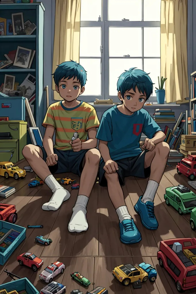 This is a picture of two boys sitting on the floor of a messy room. The room is full of toys, mostly cars. The boys are both wearing casual clothes. The boy on the left has short blue hair and is wearing a yellow and white striped shirt. He is holding a small toy car. The boy on the right has the same blue hair and is wearing a blue shirt. He is holding a toy wrench. Both boys are looking at the camera. The room is messy, with toys strewn all over the floor. There is a window in the background, and a bookshelf and some boxes on the left side of the room.