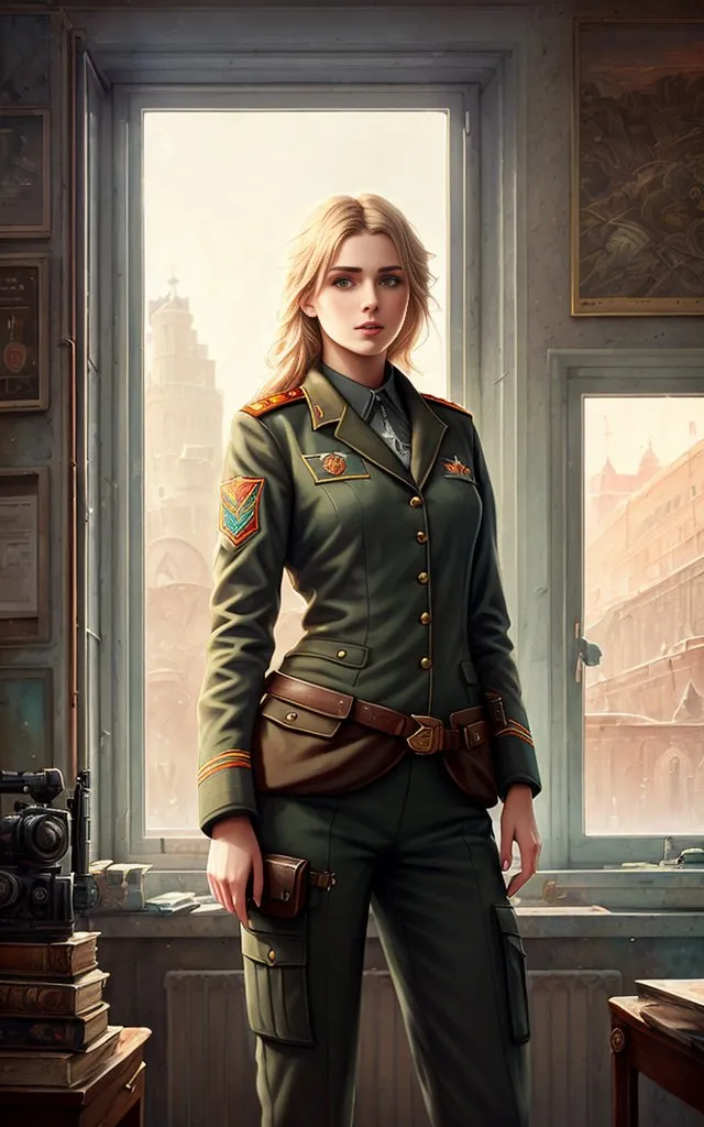 The image shows a young woman standing in front of a window. She is wearing a green military uniform with a white shirt and brown belt. The uniform has gold buttons and epaulettes. The woman has blonde hair and blue eyes. She is looking at the camera with a serious expression. There is a desk to her left with a camera on it. There are two paintings on the wall behind her.