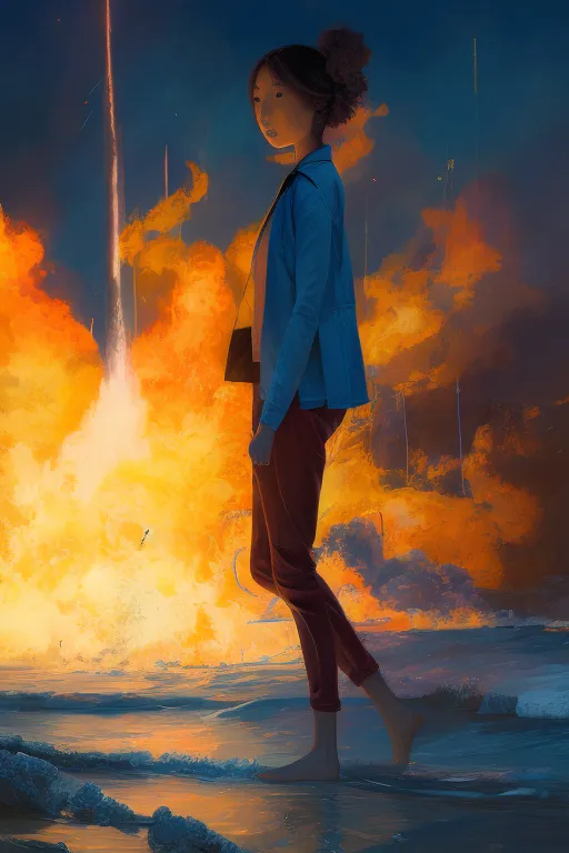 This is a painting of a girl standing on a beach, with an orange sky and a large fire in the background. The girl is wearing a blue shirt and red pants, and she is barefoot. She has her hair in a bun and is looking out at the fire. The painting is in a realistic style, and the colors are vibrant and intense. The fire is the main focal point of the painting, and it is clear that the girl is in danger. The painting is full of emotion, and it is clear that the girl is feeling scared and alone.