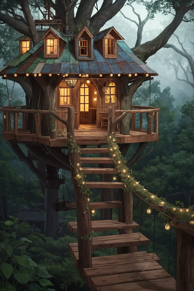 The image is a treehouse built in a lush forest. The treehouse is made of wood and has a green roof. There is a door and several windows on the front of the treehouse. A wooden staircase with rope handrails leads up to the treehouse from the ground. The treehouse is surrounded by tall trees and lush vegetation. There is a faint mist in the air.