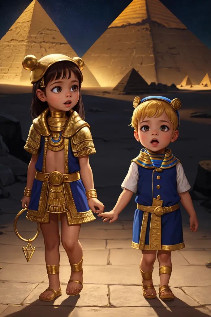 Two children, a boy and a girl, are walking hand-in-hand in front of the Egyptian pyramids. They are both wearing traditional Egyptian clothing. The girl is wearing a blue dress with a yellow collar and a yellow headdress. The boy is wearing a white tunic with a blue sash and a blue headdress. They are both barefoot. The pyramids are in the background behind them.