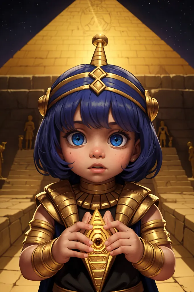 The image shows a young girl with blue hair and blue eyes. She is wearing an Egyptian-style headdress and a golden necklace. She is standing in front of a large pyramid. The girl's expression is one of wonder and awe. She seems to be looking at the pyramid for the first time. The image is full of rich colors and details. The girl's headdress is decorated with intricate patterns, and the pyramid is covered in hieroglyphs. The image is a beautiful and evocative depiction of ancient Egypt.