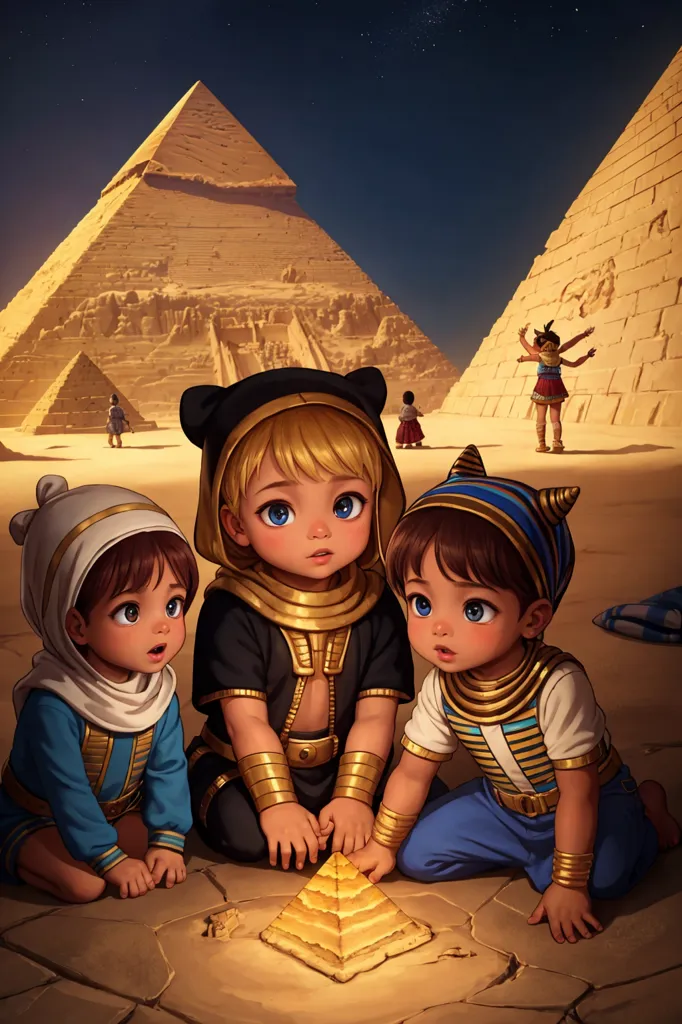 Three children are playing in front of the pyramids in Egypt. They are all wearing traditional Egyptian clothing. The child in the middle is wearing a black and gold headdress, while the child on the left is wearing a white and blue headdress and the child on the right is wearing a blue and gold headdress. They are all looking at a small golden pyramid on the ground. In the background, there are two adults walking towards them.