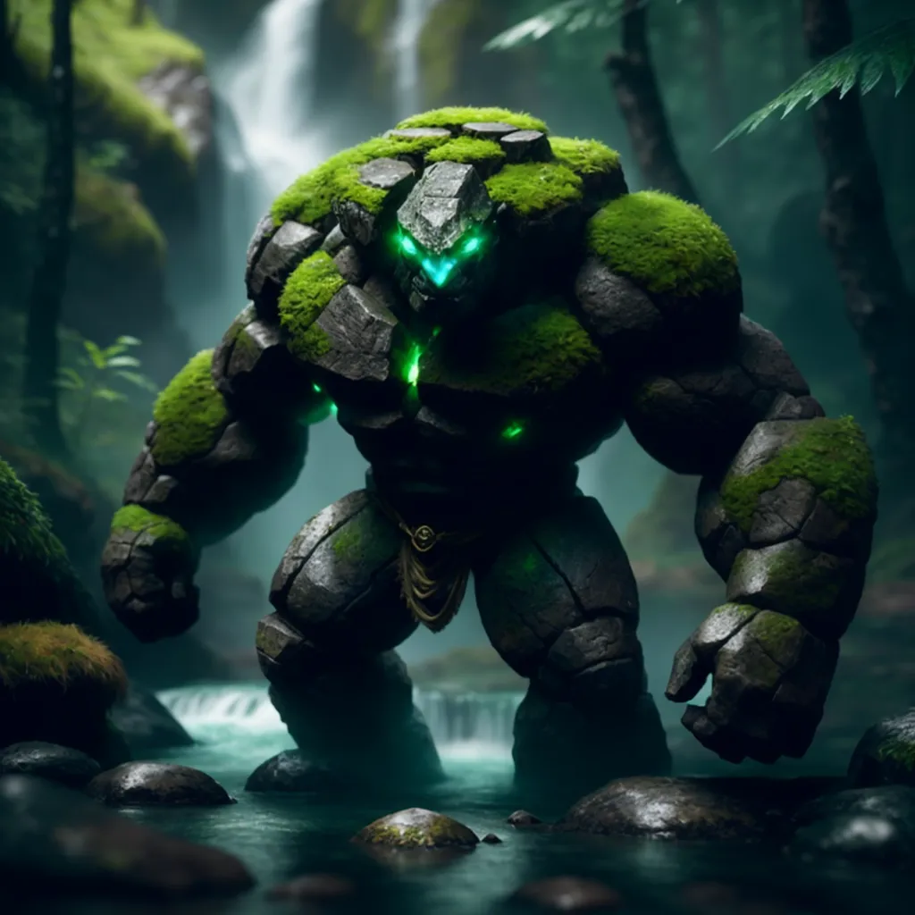 This is an image of a large, muscular creature made of rock and covered in moss. It has glowing green eyes and is standing in a river surrounded by a dense forest. The creature is wearing a loincloth and has a large club in its right hand.