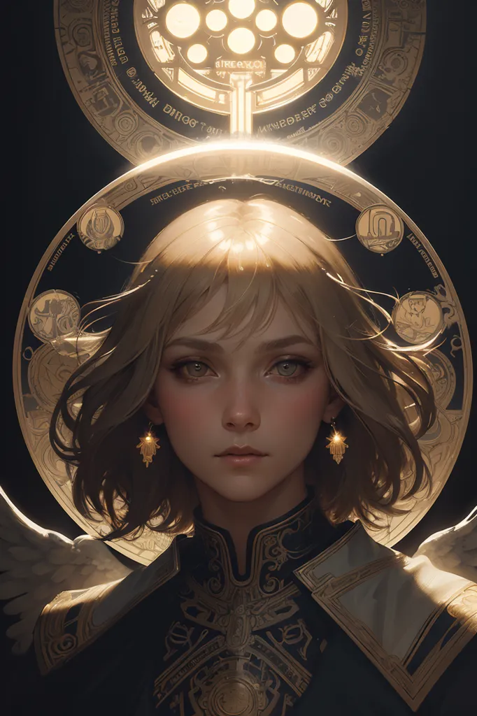 The image is a portrait of a young woman with short blonde hair and green eyes. She is wearing a black and gold outfit with a white cravat. She has a serious expression on her face. There is a golden halo with strange symbols behind her head.