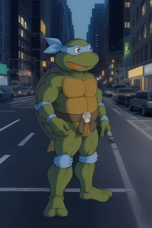 La imagen es de una Tortuga Ninja Adolescente Mutante de pie en una calle urbana por la noche. La tortuga lleva una máscara azul y tiene un cinturón azul. El fondo es un paisaje urbano con edificios y coches. La tortuga mira al espectador con una expresión decidida.