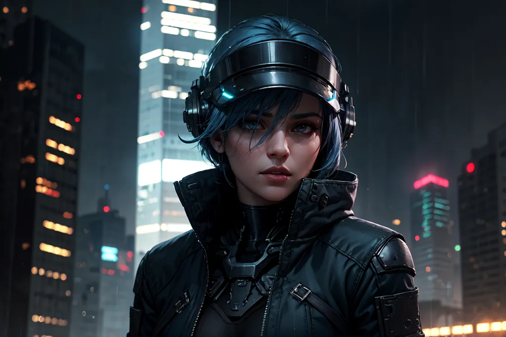 A young woman is standing in a dark city. She is wearing a black leather jacket and a blue helmet. She has short blue hair and blue eyes. The city is full of tall buildings and bright lights. The woman looks sad and tired. She is probably a cyborg or some kind of augmented human.