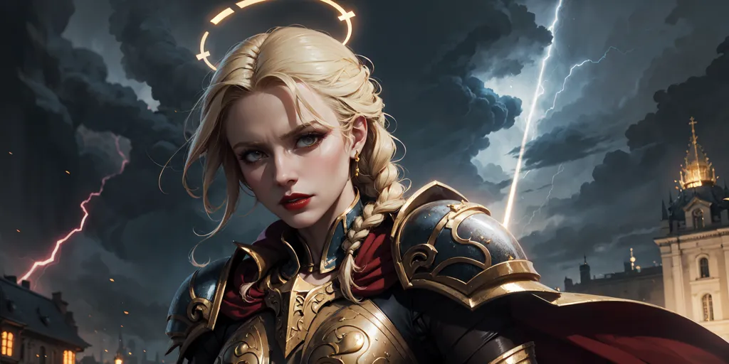 The image is of a woman in armor. She has long blond hair and blue eyes. She is wearing a golden halo and a red cape. She is standing in front of a dark background with a city in the distance. There is lightning in the sky. The woman is holding a sword in her right hand. She is looking at the viewer with a serious expression.