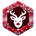 The image is a red hexagon with a white reindeer in the center. The reindeer has a red nose and is facing the viewer. The hexagon is decorated with holly leaves and berries.