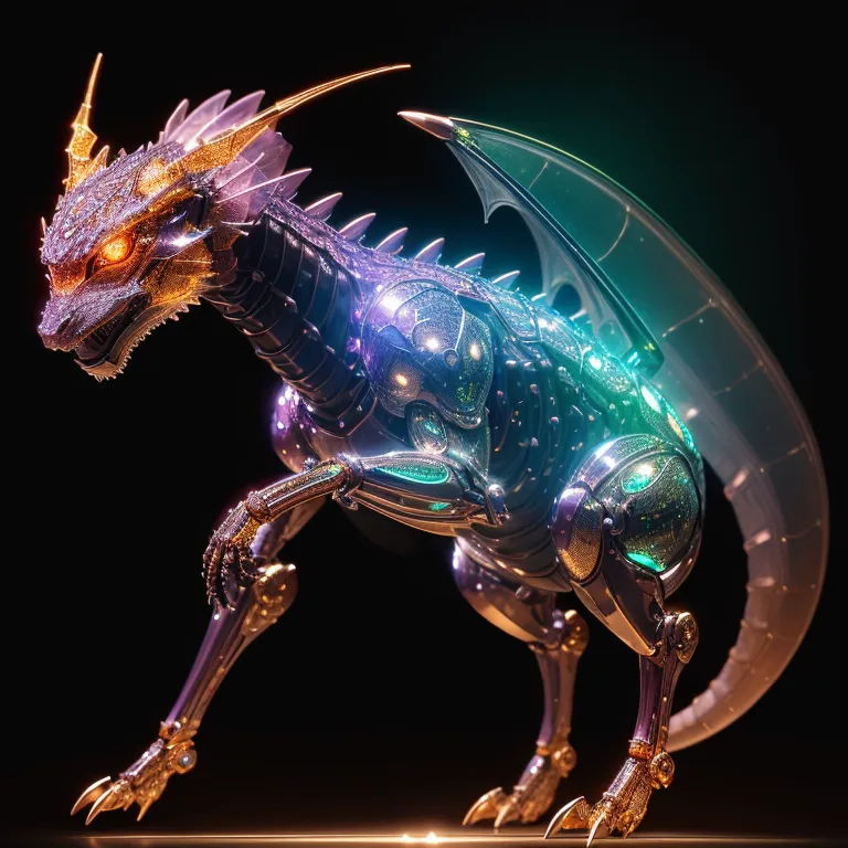 The image is a 3D rendering of a robotic dragon. The dragon is made of metal and has a shiny, reflective surface. It has a long, serpentine body with four legs and a pair of wings. The dragon's head is long and narrow, with a snout full of sharp teeth. Its eyes are glowing red, and it has a pair of horns on its head. The dragon is standing on a reflective surface, and there is a bright light shining on it from the front. The background is black, and there are no other objects in the image.