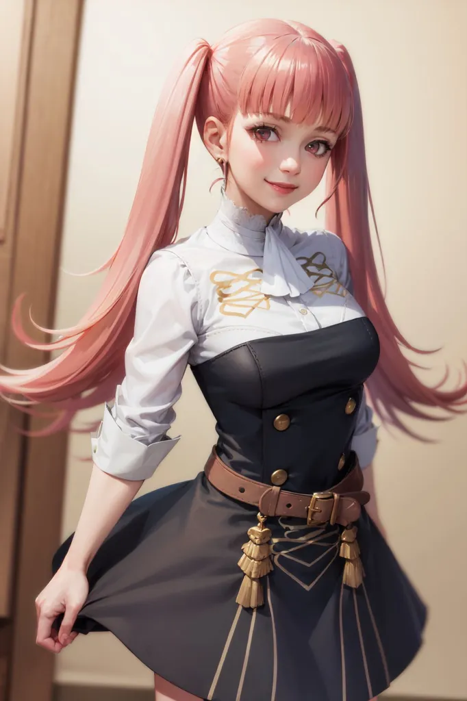 The image shows a young woman with pink hair and blue eyes. She is wearing a white shirt, black vest, and brown skirt. The vest has gold buttons. The skirt has gold trim and a brown belt with a gold buckle. She is also wearing black stockings and brown shoes. Her hair is in two long pigtails. She has a small smile on her face and is looking at the viewer. She is standing in a room with a white wall and brown floor.