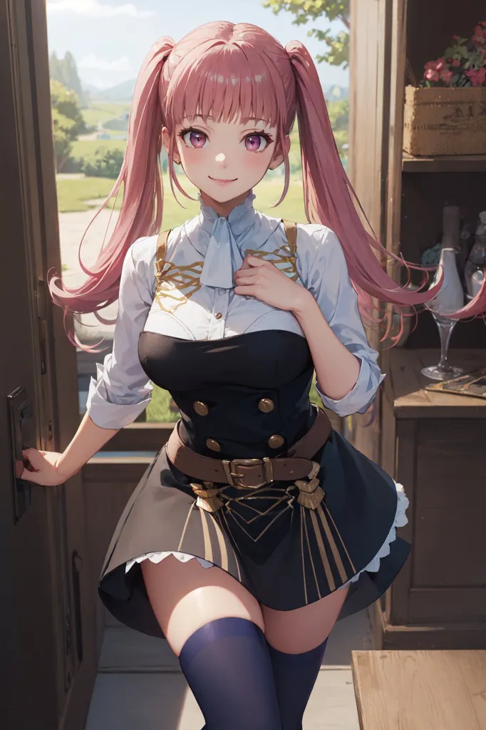 The image is of a young woman with pink hair and purple eyes. She is wearing a white blouse, black vest, brown belt, and gray skirt. She is standing in a doorway, with her left hand on the door frame and her right hand on her chest. She has a shy smile on her face.