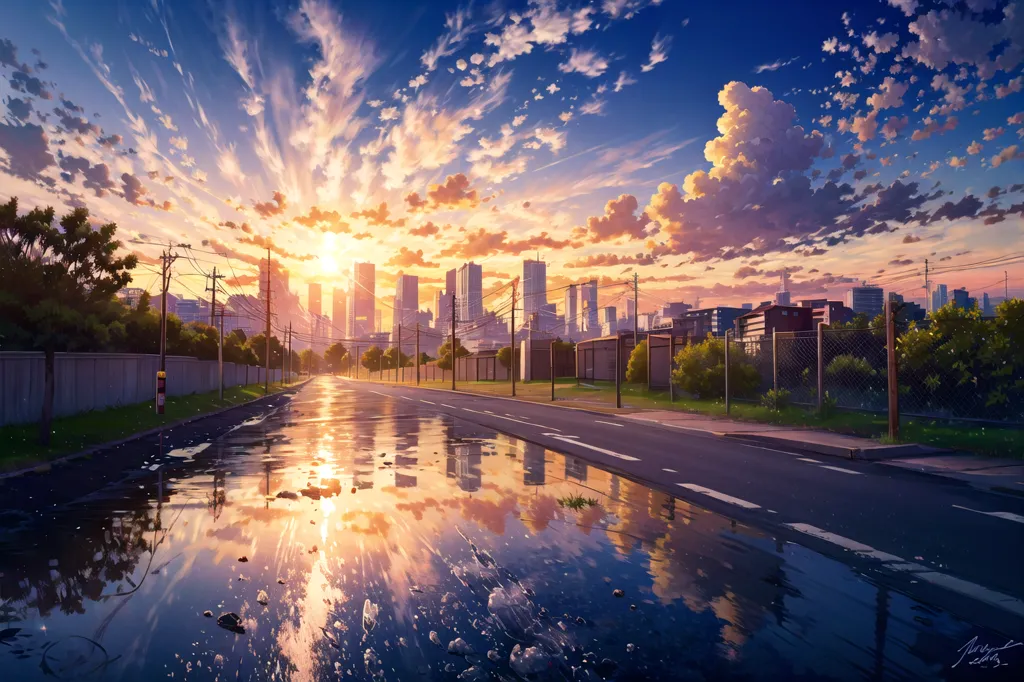 The image is of a city street with a large puddle of water in the foreground. The puddle reflects the sky, which is a bright orange and yellow color. The clouds are white and fluffy. There are trees and buildings on either side of the street. The buildings are tall and made of glass and concrete. The street is empty, with no cars or people on it. The image is peaceful and serene.