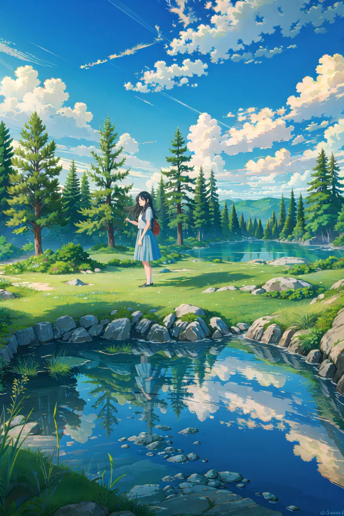 The image is of a girl standing on a grassy field next to a lake. The sky is blue and there are white clouds. There are green trees in the background and a mountain range in the distance. The girl is wearing a blue dress and a red backpack. She has long black hair and is looking at the lake. There is a small smile on her face. The image is peaceful and serene.