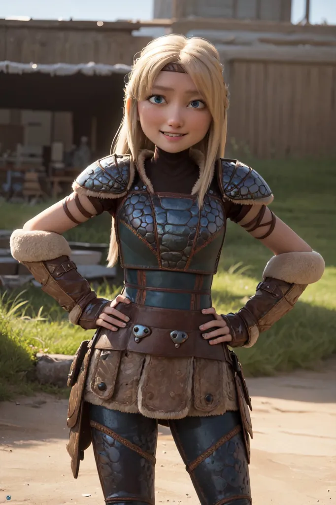 The image shows a young woman of slight build with fair skin, blue eyes, and long blond hair. She is wearing a blue and brown leather vest with fur trim, a brown leather belt, and brown leather pants. She is also wearing brown leather boots and has her hands on her hips. She has a confident smile on her face. She is standing in a grassy area with a wooden house in the background.