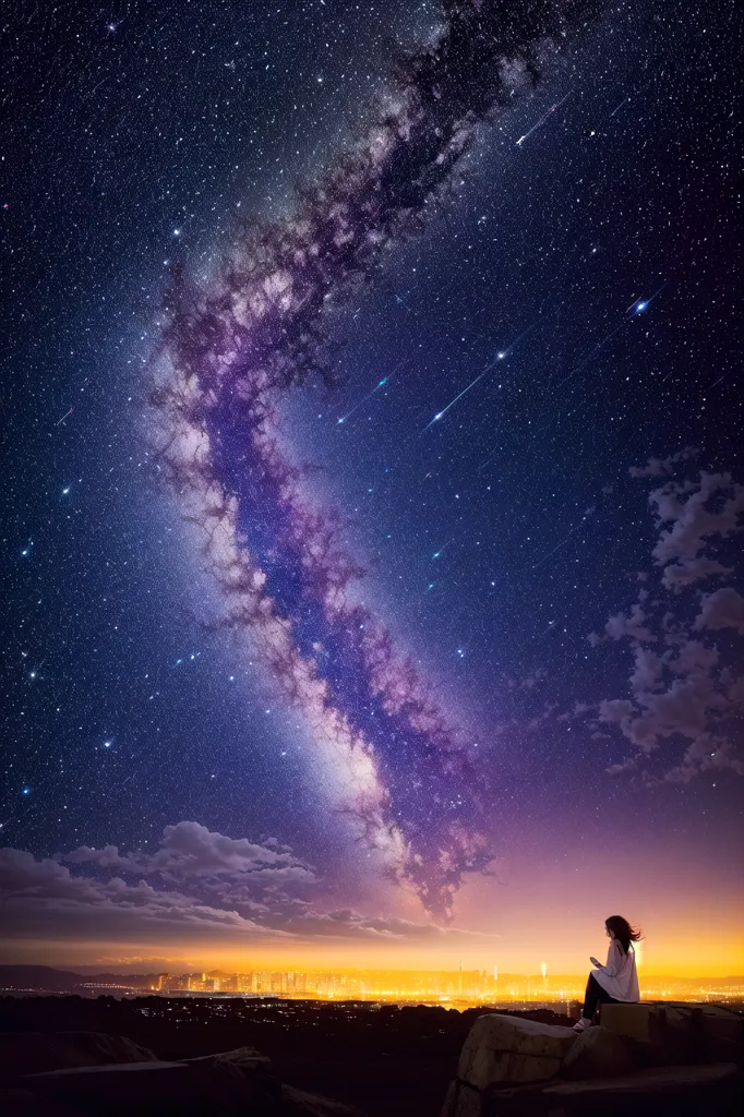 The image shows a starry night sky with a bright, colorful Milky Way. There are also some clouds in the sky, and a few stars are shooting. The foreground of the image shows a silhouette of a person standing on a rock, looking out at the sky. There is a city in the distance.