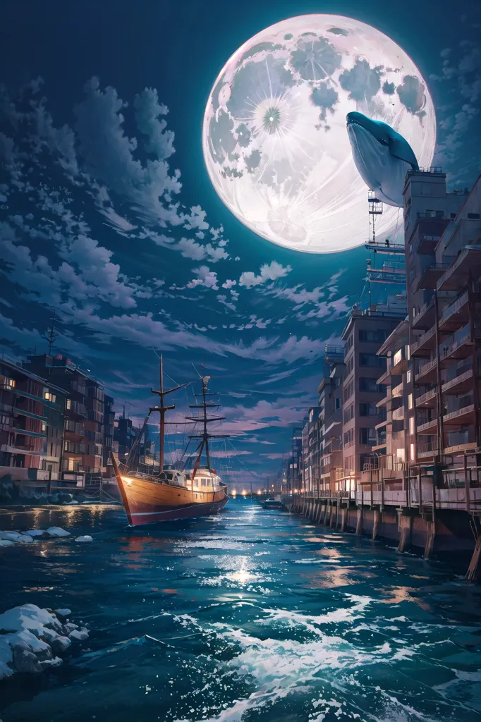 The image is a painting of a harbor at night. The moon is full and there are clouds in the sky. A large whale is jumping out of the water next to a building. There are several ships in the harbor and buildings on the shore. The water is calm and there is a reflection of the moon on the water. The painting is in a realistic style and the colors are vibrant.