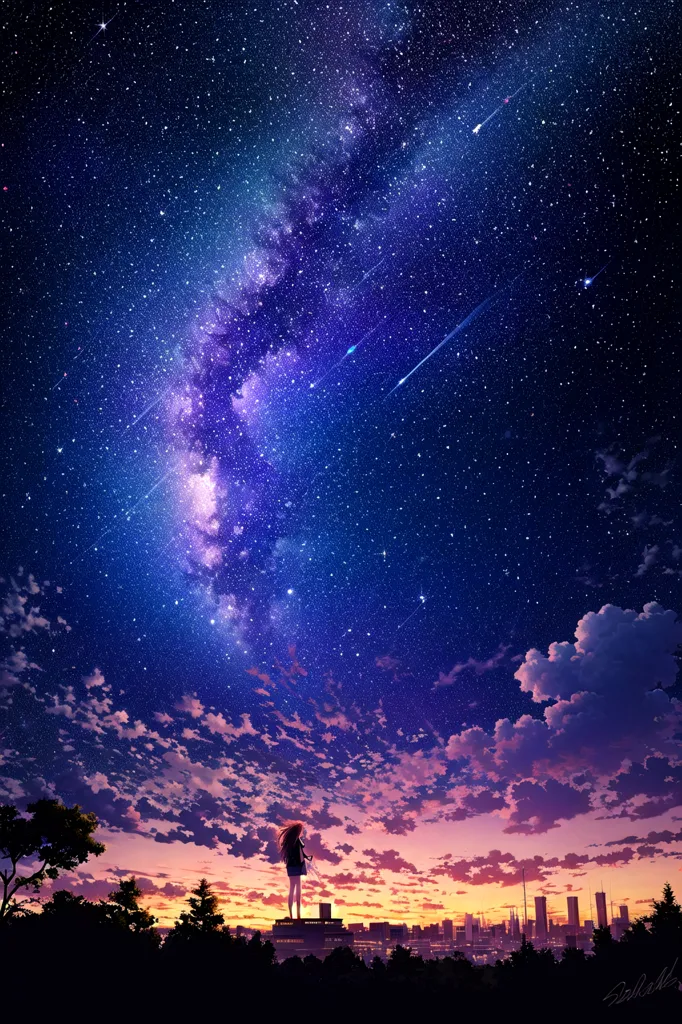 The image shows a night sky with a lot of stars and a few shooting stars. There are clouds in the sky and a city in the distance. A girl is standing on a hill in the foreground, looking up at the sky. The image is very peaceful and calming.