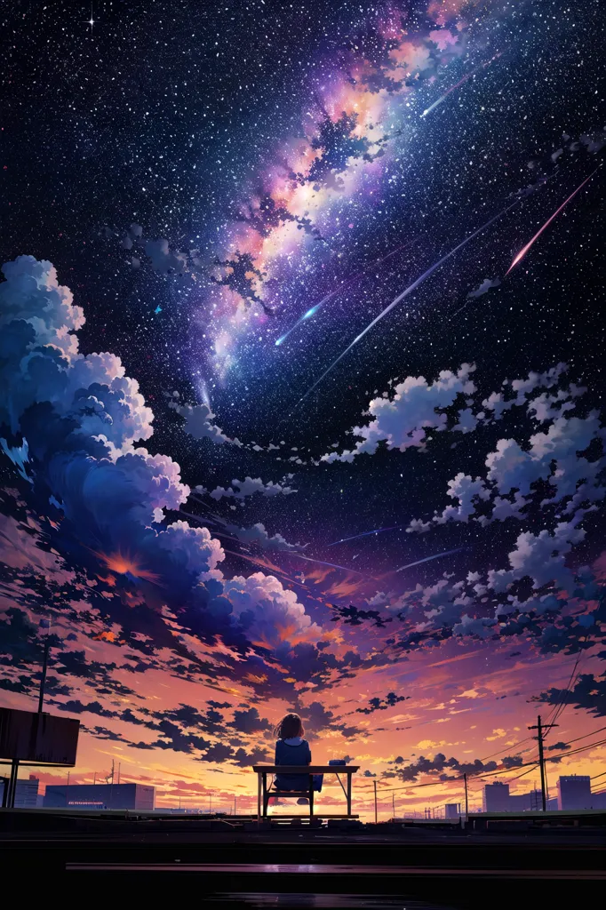 この画像は美しいアニメの風景です。空は暗く、星で満ちており、いくつかの流れ星が空を横切っています。雲は厚く、ふわふわしており、背景には夕日が見えます。前景には女の子が青いドレスを着て、ベンチに座って景色を眺めています。この画像は穏やかで落ち着いた雰囲気で、夜空の美しさを捉えています。