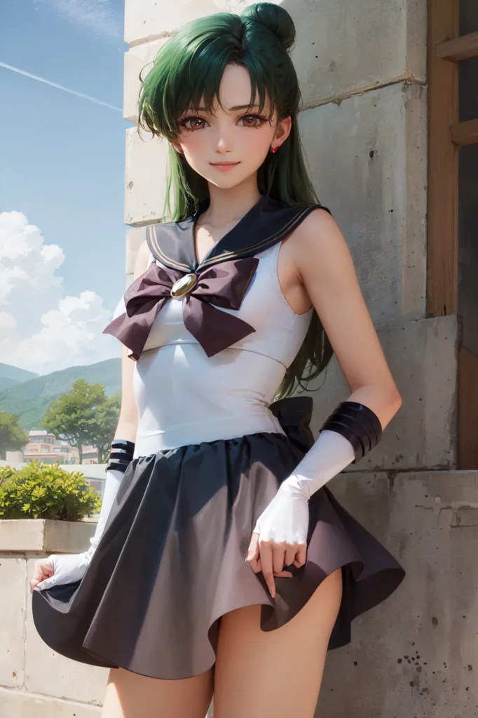 The image shows a young woman with green hair and brown eyes. She is wearing a white and black sailor-style outfit with a red bow. She is also wearing white gloves and black boots. She is standing in front of a stone building. There are trees and mountains in the background.