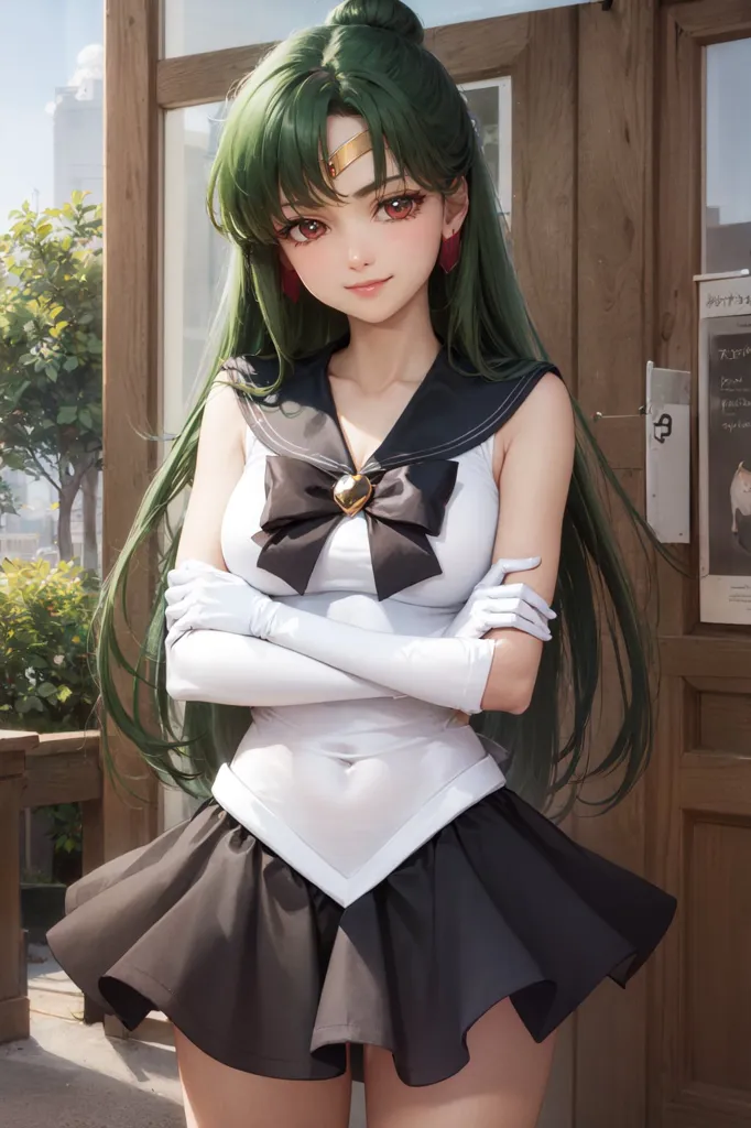 The image is of a young woman with long green hair and brown eyes. She is wearing a white and black sailor-style outfit with a pleated skirt and a bow at the collar. She is also wearing white gloves and has a crescent moon-shaped tiara on her head. She is standing in front of a wooden door with a glass window. There are trees and buildings in the background. The woman is looking at the viewer with a serious expression.