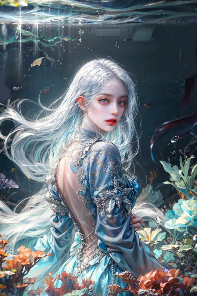 The image is a painting of a beautiful woman with long white hair and blue eyes. She is wearing a blue dress with a low back and a silver necklace. She is standing in a body of water, surrounded by colorful plants and fish. The water is clear and you can see the reflection of the woman and the plants on the surface. The painting is very detailed and the colors are vibrant. The woman's expression is serene and she seems to be at peace with herself and her surroundings.