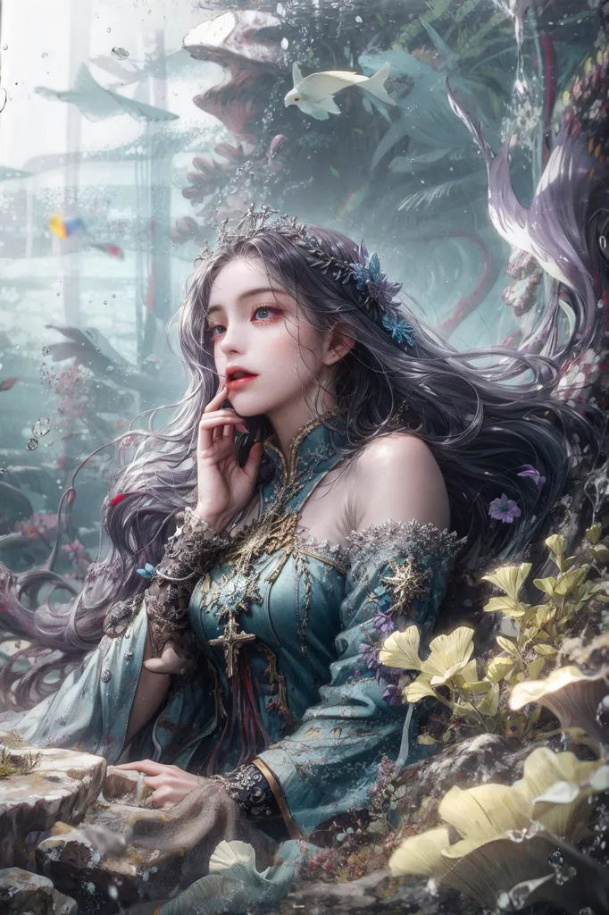 La imagen es una pintura de una hermosa mujer con cabello largo y ondulado. Ella está usando un vestido azul con una banda blanca y tiene una corona en la cabeza. Está sentada sobre una roca en un bosque, y hay peces y otras criaturas marinas nadando a su alrededor. El fondo es una mezcla borrosa de verde y azul, y el efecto general es de belleza y tranquilidad.