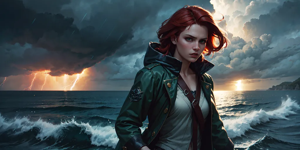 This image shows a young woman standing on a beach, looking out at a stormy sea. She is wearing a green jacket and a white shirt. Her red hair is blowing in the wind. The sky is dark and cloudy, and there are lightning bolts in the distance. The woman is standing with her feet shoulder-width apart, her hands at her sides. She looks determined and brave, as if she is ready to face whatever challenges the storm may bring.