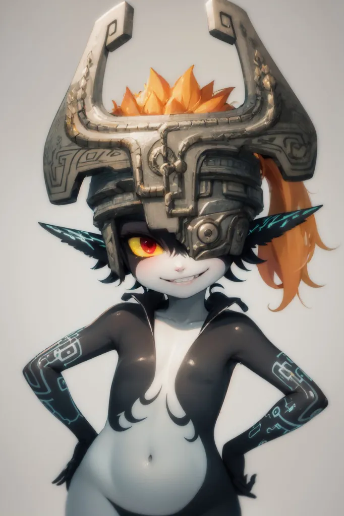 The image is of a female character with orange hair and yellow eyes. She is wearing a gray and orange helmet and a black bodysuit. She has a large smile on her face and is standing with her hands on her hips. She has a tattoo on her chest and arms. The background is white.