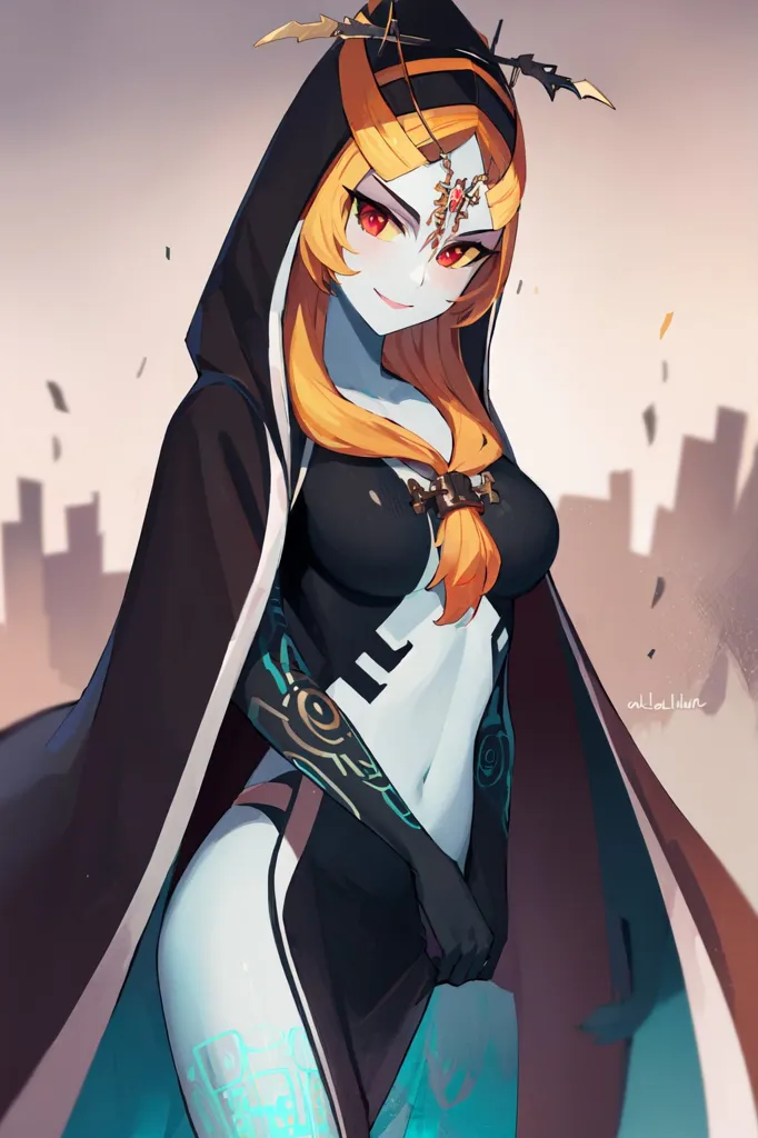 The image is of a tall, slender woman with long, flowing orange hair. She is wearing a black and blue bodysuit with a hood. The bodysuit has a plunging neckline and a high collar. She is also wearing a pair of black boots. The woman has red eyes and a beauty mark on her left cheek. She is standing in a confident pose with her hands on her hips. In the background, there is a ruined city.