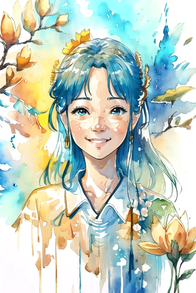 Esta es una pintura de acuarela de una mujer joven con el cabello azul y pecas. Ella está sonriendo y lleva una camisa blanca. Hay flores amarillas y blancas en su cabello y a su alrededor. El fondo es un lavado de acuarela de color azul claro.