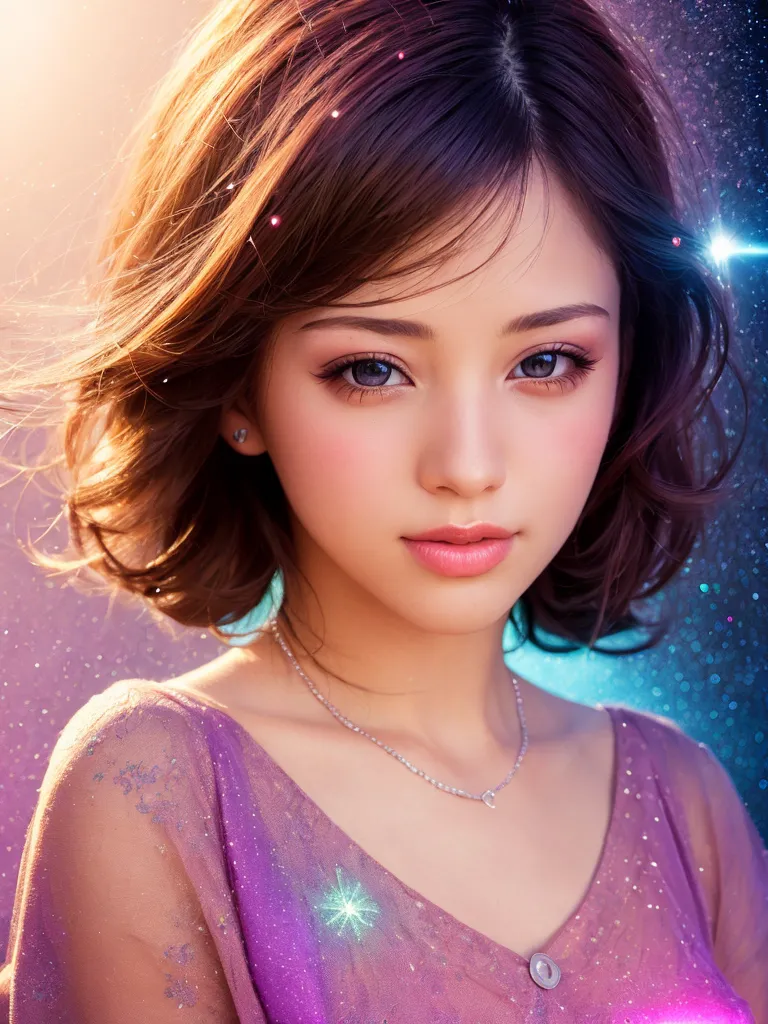 The image shows a young woman with short brown hair and light purple eyes. She is wearing a purple dress with a white collar. There are sparkles in her hair and around her head. She is looking at the viewer with a slight smile on her face. The background is a blue and purple gradient with a starry pattern.