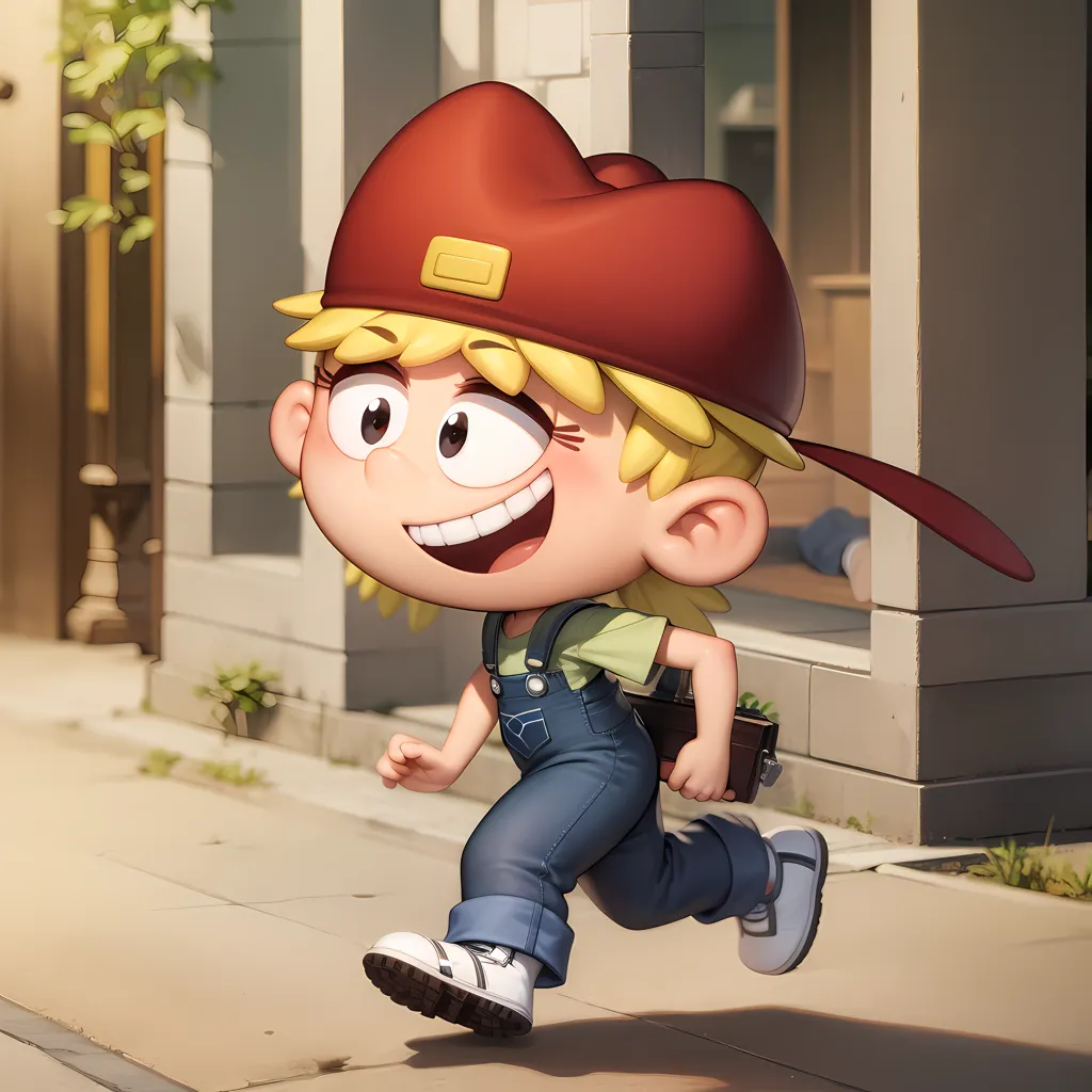 The image shows a young girl with a red cap and blue overalls running down a city street. The girl has short blond hair and green eyes. She is smiling and carrying a brown briefcase. She is wearing a light green t-shirt under her overalls. The background of the image is a blurred city street with buildings and trees.