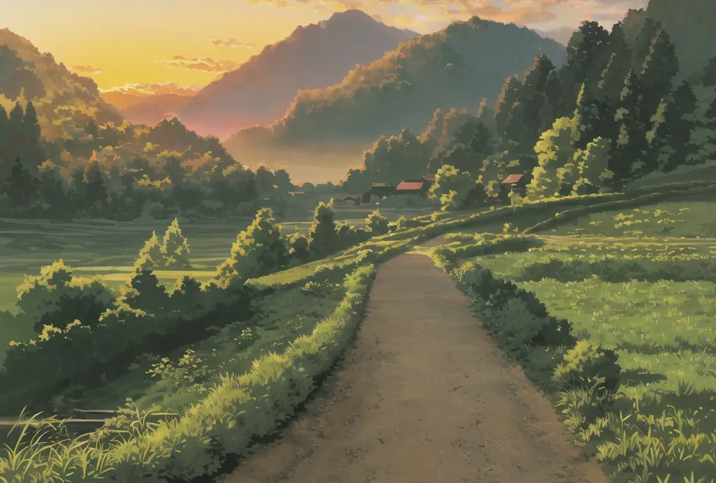 The image is a digital painting of a rural landscape. The time of day is sunset, and the sky and clouds are a gradient of orange, yellow, pink, and blue. The foreground is a dirt road, which is bordered by a low hedge on the left and a tall hedge on the right. The tall hedge is made up of green bushes, and the low hedge is made up of brown grass. In the background, there is a forest of green trees, and there is a mountain range behind the forest. The mountains are dark blue, and they are covered in snow. The image is very peaceful and serene, and it captures the beauty of the natural world.