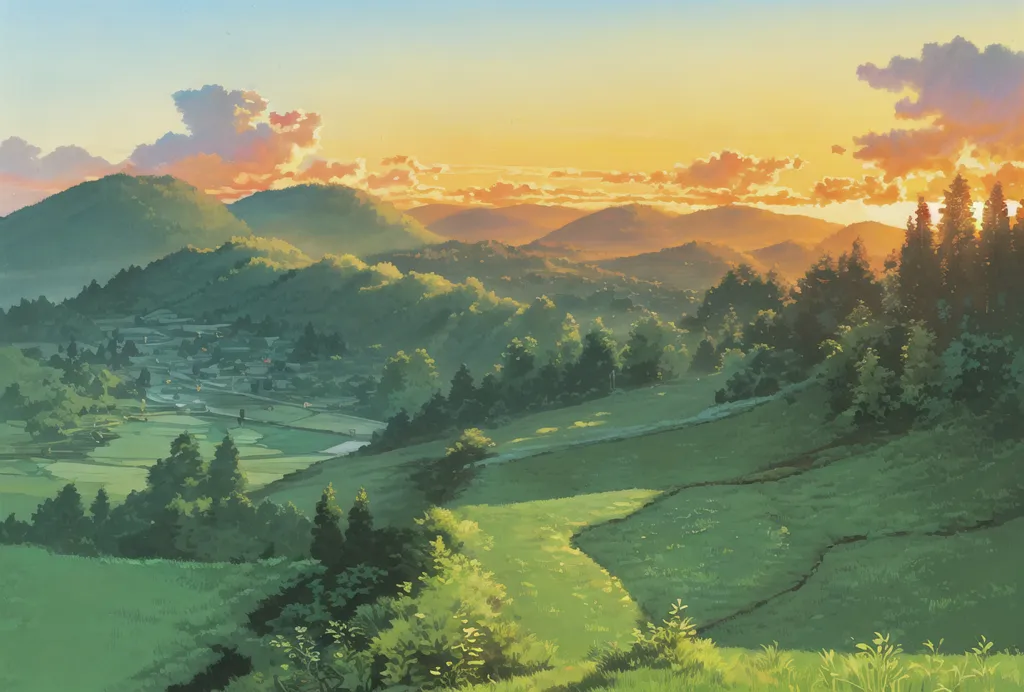 The image is a beautiful landscape of a valley at sunset. The sky and clouds are a bright orange that fades into darkness at the edges of the image. The sun is setting behind a mountain in the distance, and its rays are casting a golden glow over the valley. The valley is filled with lush green fields and trees. There is a small village in the distance, and a few houses can be seen scattered throughout the valley. The image is very peaceful and serene, and it captures the beauty of the natural world.