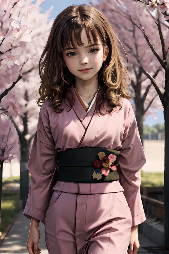 La imagen es un retrato de una mujer joven, posiblemente una adolescente. Tiene el cabello largo y ondulado de color marrón y ojos marrones. Lleva un kimono rosa con un obi floral y pantalones hakama negros. El kimono tiene un cuello blanco. Está de pie en un parque con árboles de cerezo en flor en el fondo. Los árboles están en plena floración y los pétalos caen. El suelo está cubierto de pétalos rosas y blancos. El sol brilla intensamente y hay una ligera brisa soplando. El cabello de la chica se mueve con la brisa. Tiene una expresión serena en su rostro.