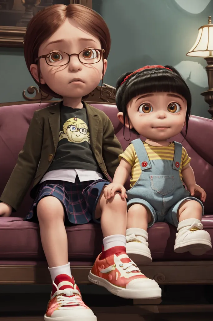 The image shows two animated characters sitting on a couch. The girl on the left is older and has brown hair, glasses, and a yellow shirt. The girl on the right is younger and has black hair and a yellow dress. They are both wearing sneakers. The older girl is looking at the younger girl with a concerned expression. The younger girl is looking at the older girl with a hopeful expression.