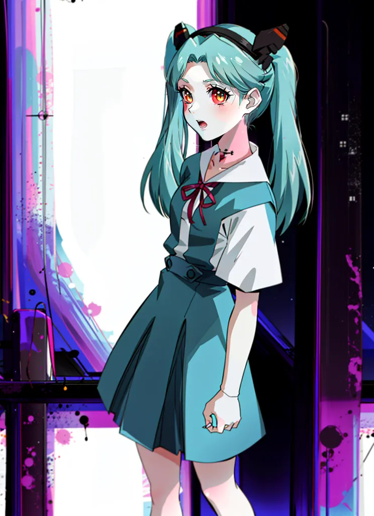 The image is a painting of a young girl with green hair and red eyes. She is wearing a white shirt, a blue skirt, and a red bow tie. She is also wearing a pair of headphones. The background is a blur of purple and blue colors. The girl is looking at the viewer with a surprised expression on her face.