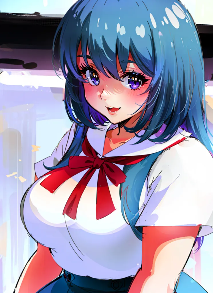 The image is a painting of a young woman with long blue hair and blue eyes. She is wearing a white shirt with a red ribbon and a blue skirt. She has a happy expression on her face and is looking at the viewer. The background is a blur of light blue and white.