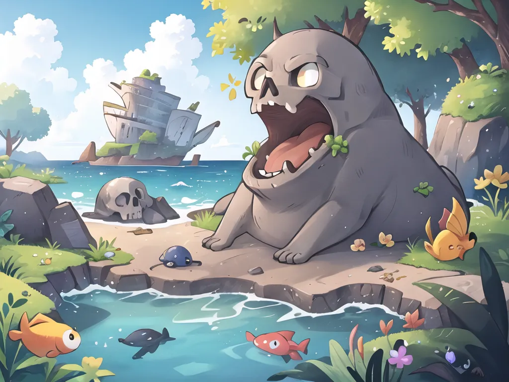 La imagen es una ilustración de dibujos animados de una playa rocosa con una gran criatura gris similar a una foca sentada en ella. La criatura tiene una cara con forma de calavera con dientes afilados y está rodeada de una variedad de criaturas marinas, incluyendo peces, cangrejos y una tortuga. En el fondo, hay un gran barco naufragado y una calavera en la playa. La imagen está llena de color y detalles, y el estilo de dibujos animados le da un toque caprichoso.