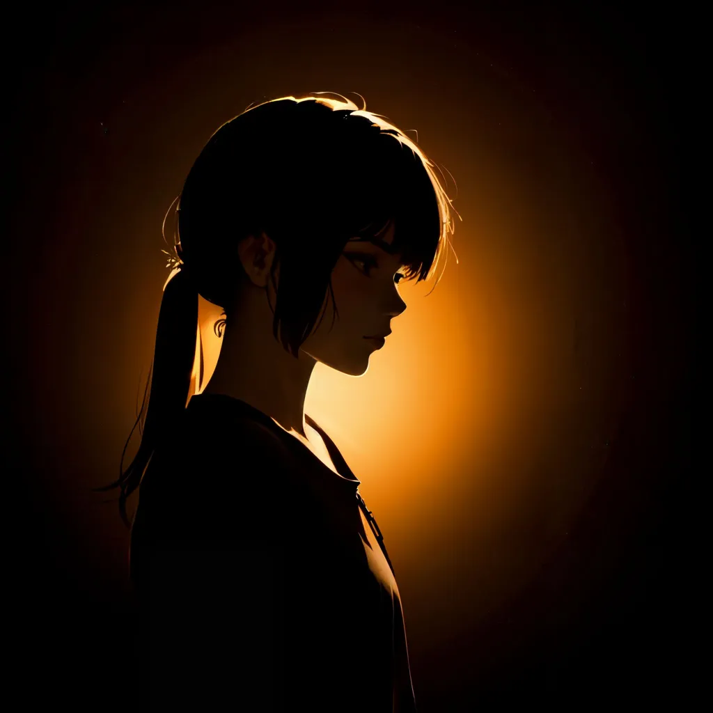 The image is a portrait of a young woman in shadow, with the light source coming from the right. The woman has long dark hair tied in a ponytail. She is wearing a dark shirt with a white collar. The background is dark with a few specs of light.