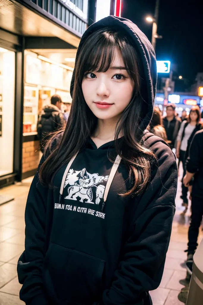 The image shows a young woman, probably in her late teens or early twenties, standing in front of a busy street at night. She is wearing a black hoodie with a white logo on the front. The hood is pulled back, revealing her long, dark hair and her face. She has a soft smile on her face and is looking at the camera. Her skin is flawless and her eyes are bright and clear. She is wearing light makeup and her nails are painted a dark color. In the background, there are people walking by and the lights of the city are reflected in the windows of the buildings.