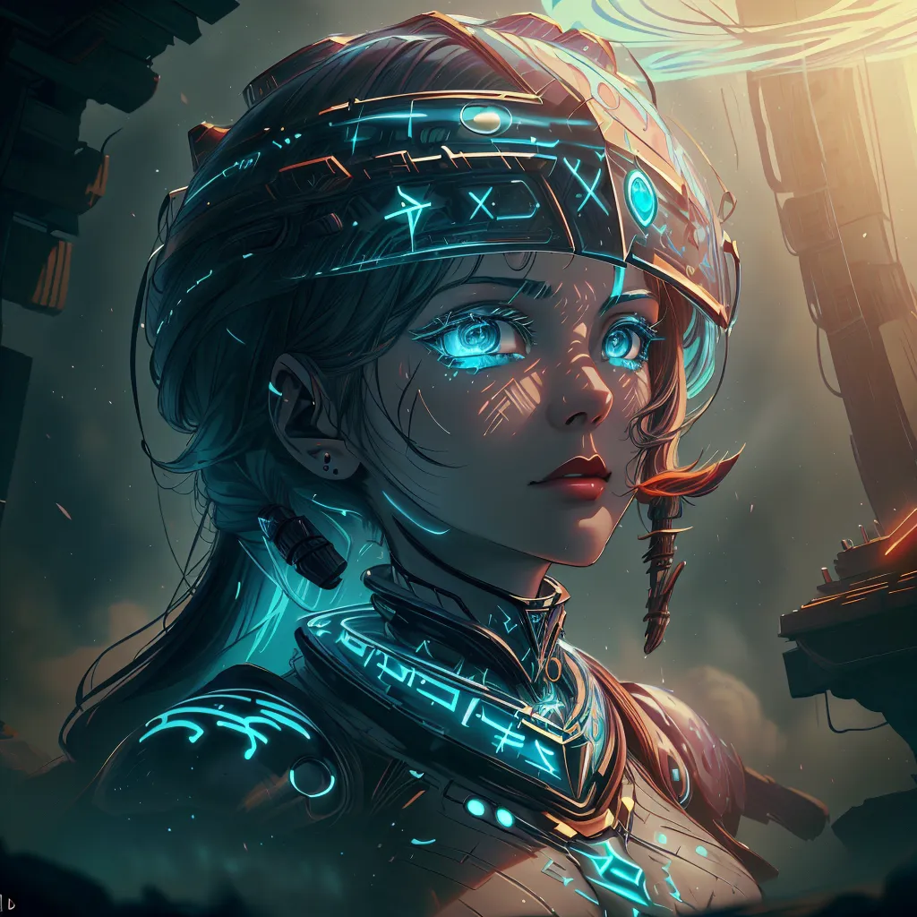 This is an image of a young woman who appears to be a cyborg. She is wearing a helmet with a glowing blue visor and has blue eyes. She is also wearing a futuristic suit of armor that covers her chest and arms. The background of the image is dark and there are several glowing blue lights in the background.