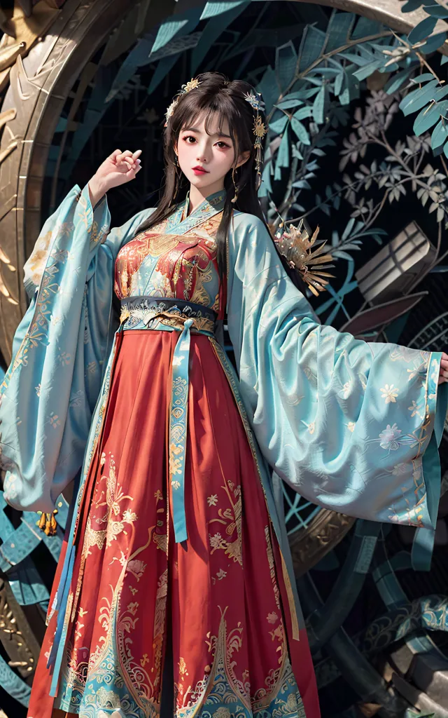 La imagen muestra a una mujer joven que lleva un vestido tradicional chino (Hanfu) con el azul y el rojo como los colores principales. El vestido tiene patrones y diseños intrincados. La mujer tiene el cabello negro y largo y lleva accesorios tradicionales chinos para el cabello. Está de pie frente a un fondo de hojas azules y verdes.