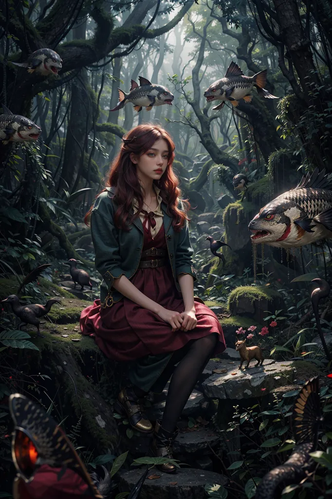 This image shows a girl with long red hair sitting on a rock in a forest. She is wearing a green jacket and a red dress. The girl is looking at a small brown creature with a long tail that is sitting on the rock next to her. There are also several strange fish-like creatures with sharp teeth flying in the air above the girl. In the background, there are many different types of plants and flowers and a large tree with a face carved into it.