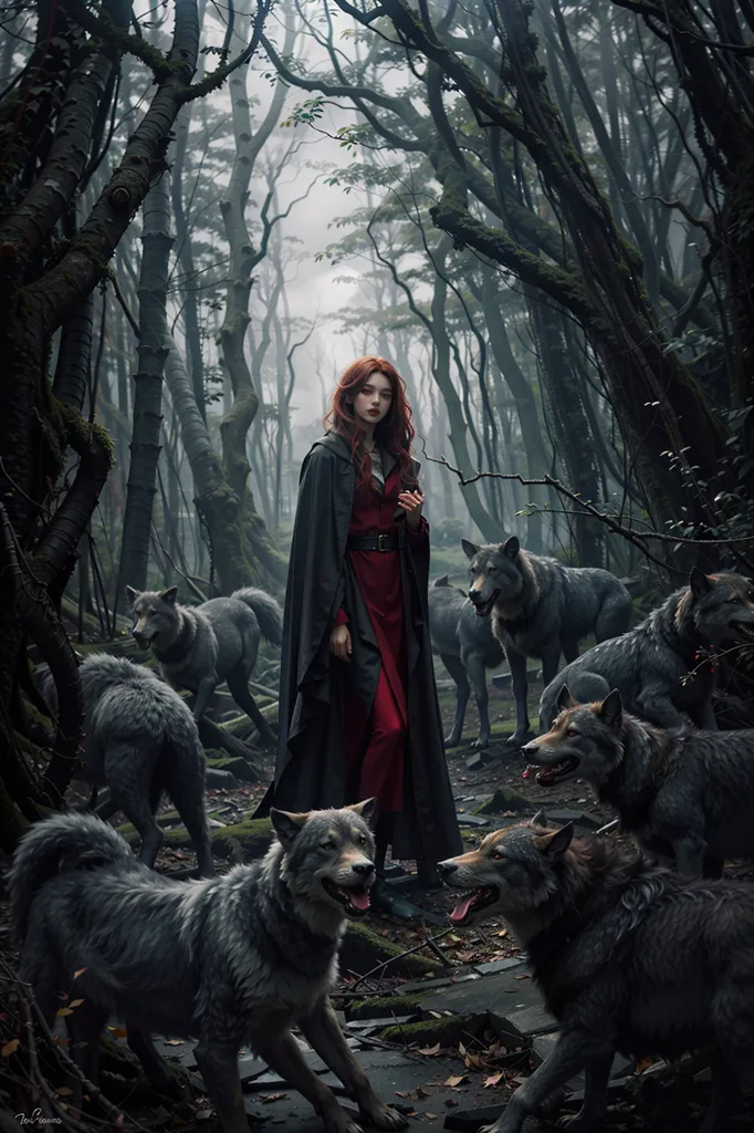 Cette image représente une femme debout dans une forêt sombre. Elle porte une robe rouge et un manteau noir. Elle a de longs cheveux rouges et ses yeux brillent d'un blanc lumineux. Elle est entourée d'une meute de loups. Les loups sont de tailles différentes et ils la regardent tous. La femme n'a pas peur des loups. Elle se tient au milieu d'eux et ne montre aucune crainte. Les loups ne l'attaquent pas. Ils se contentent de se tenir là et de la regarder. La femme est la chef de la meute. C'est elle qui est aux commandes.